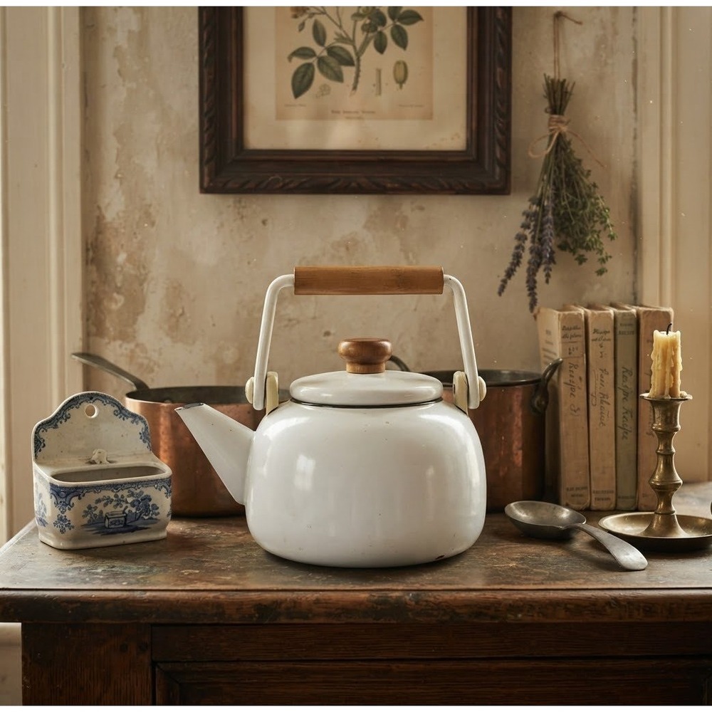 White Enamel Tea Kettle Stovetop Teapot Wood Handle Farmhouse Cottagecore